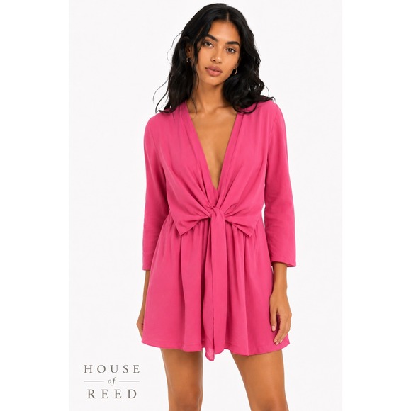 Topshop Dresses & Skirts - Topshop Womens Pink Deep V-Neck Tie Front Long Sleeve Mini Dress Size US 10